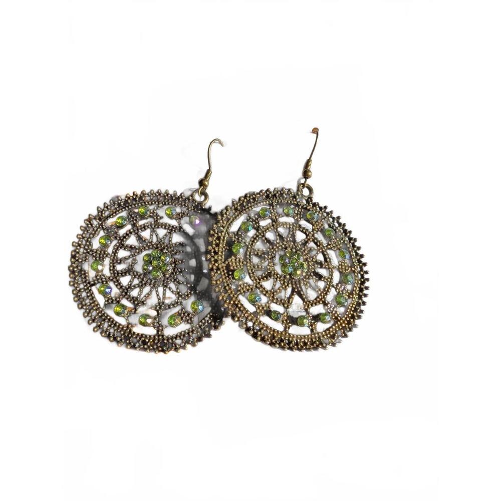 Gorgeous statement earrings‎ Round Filigree Metal Earrings with Green Accents